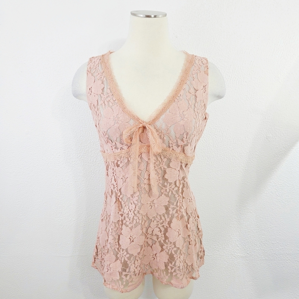 Nick & Mo Perfect Top Peach Pink Lace Tank Top Bow Size Medium NEW NWT